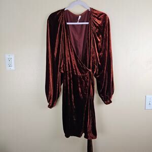 A.L.C. Womens Carlo Cognac Silk Blend Velvet Long Sleeve Wrap Mini Dress Size 8